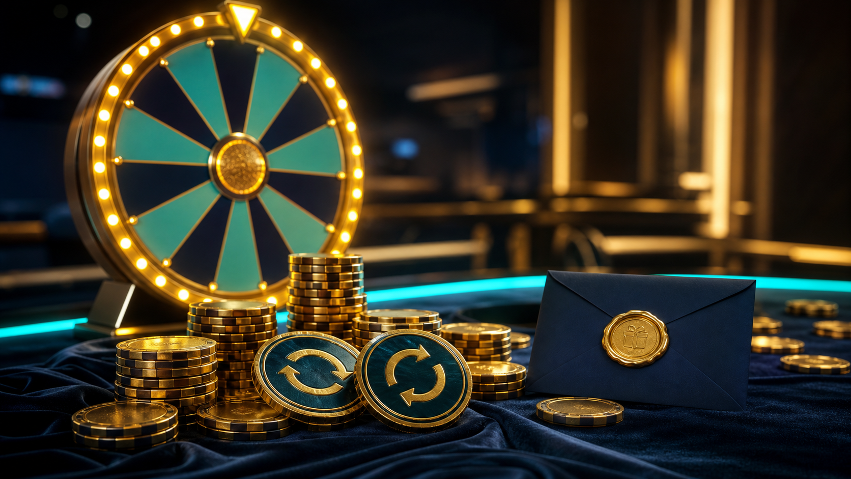 Prize wheel and casino rewards tokens on a dark table