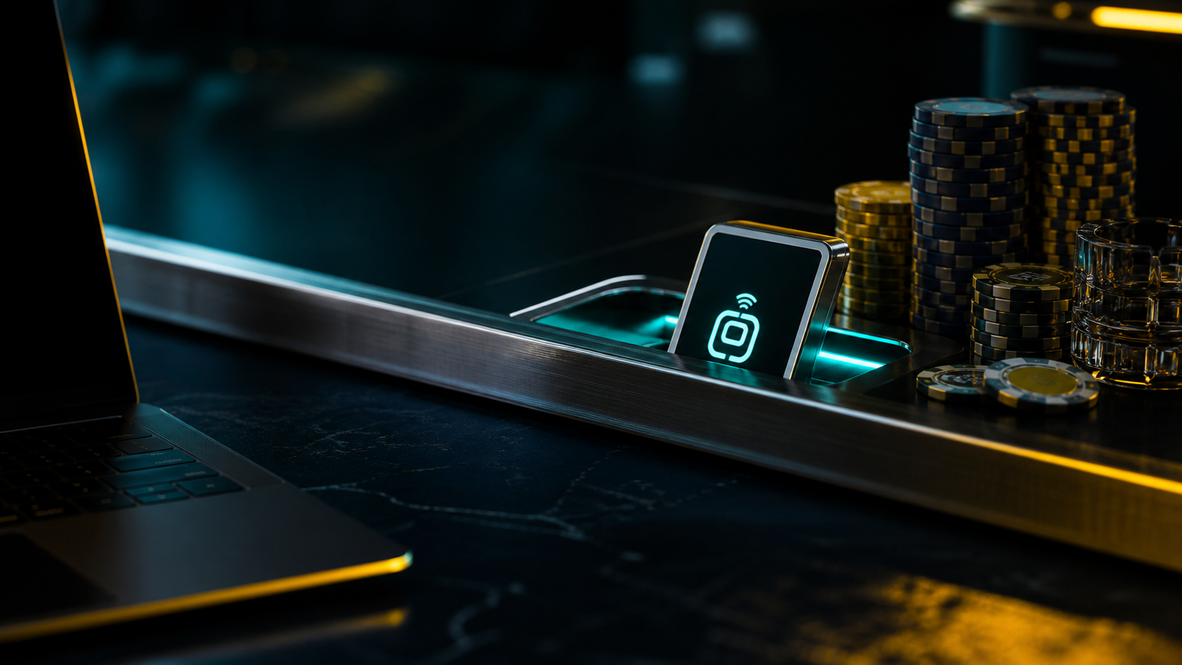 Digital payment device and casino chips on a cashier desk